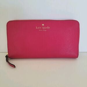 Kate Spade Wallet Clutch Accordion Geniue Cow Saffiano Leather Zip Around Pink